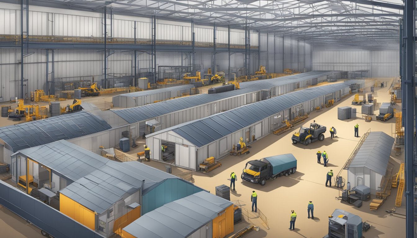 A factory floor with workers assembling and inspecting double wide manufactured homes. Machinery and equipment are used to complete the construction process