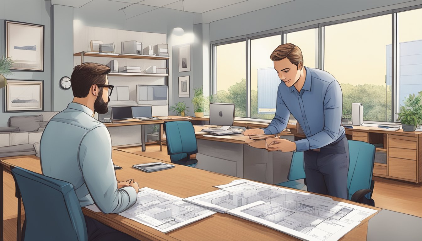 An architect and client reviewing zoning laws, blueprints, and double wide mobile home designs in an office setting