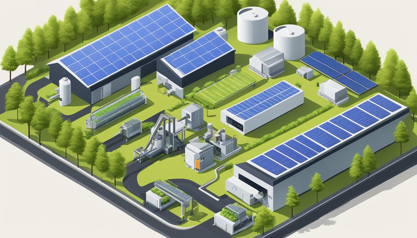 A factory with large machines and conveyor belts, surrounded by greenery and solar panels