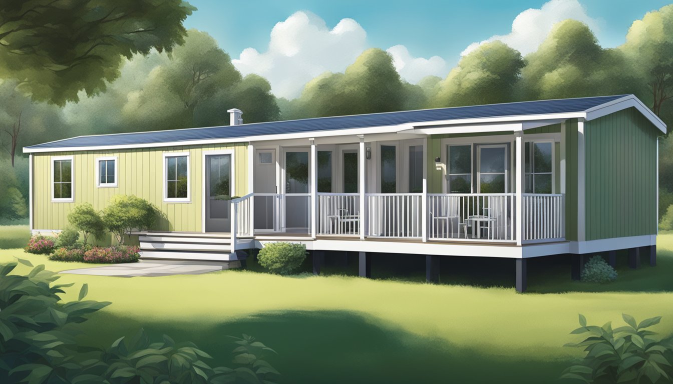 A modern double wide mobile home next to a traditional design, surrounded by lush greenery and under a clear blue sky