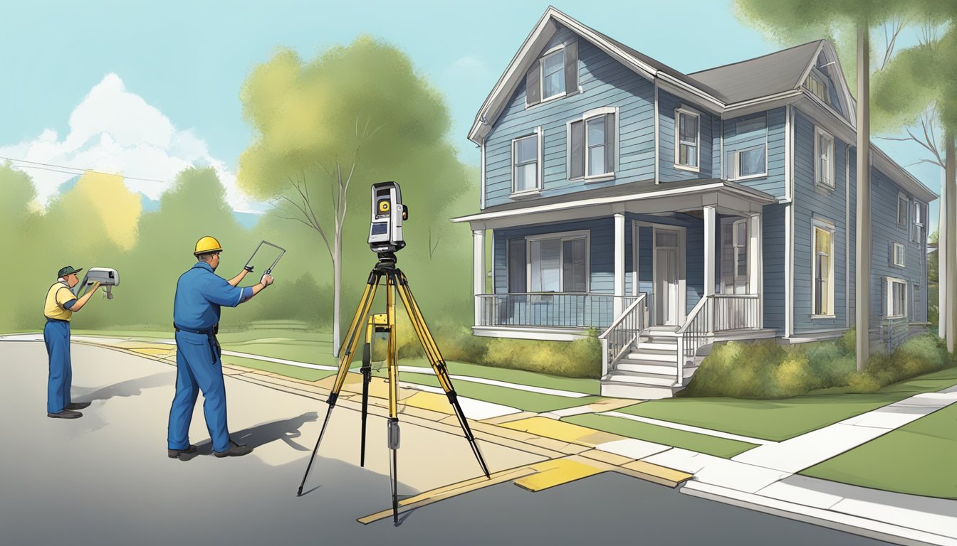 A surveyor measures distance between double wides, while a zoning official inspects compliance with local laws