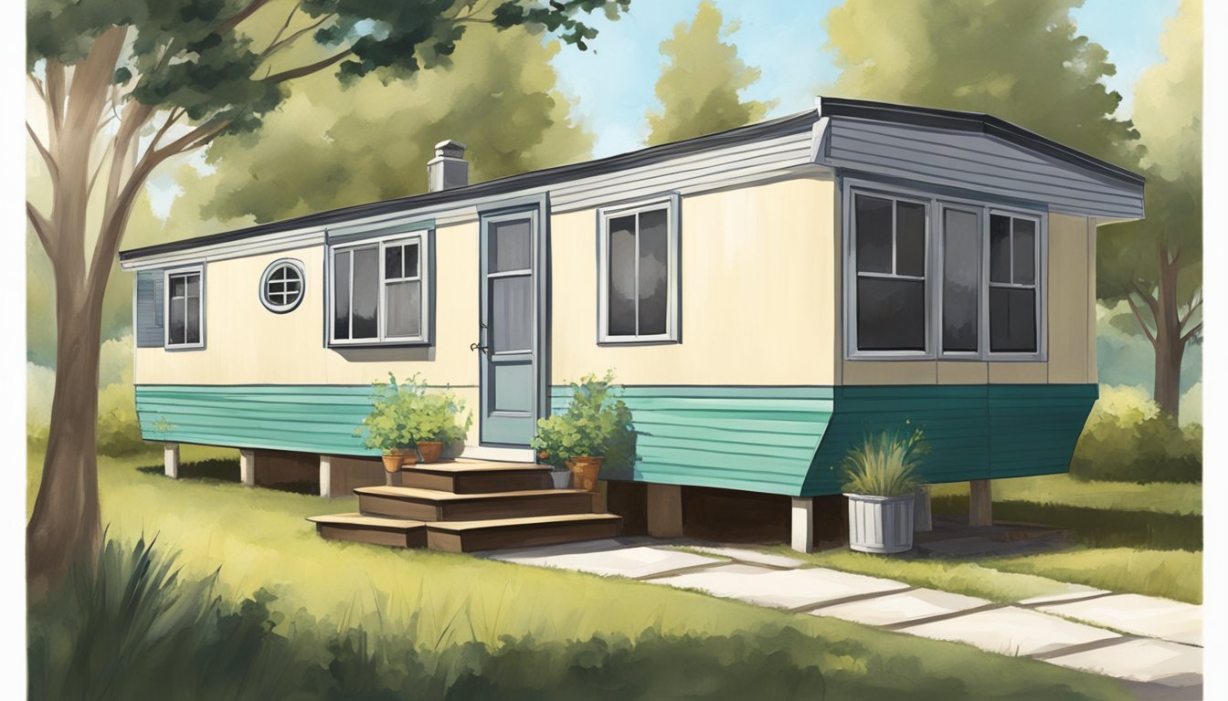 A double-wide mobile home sits on a spacious lot, surrounded by trees. The exterior shows signs of age, but the potential for renovation is evident