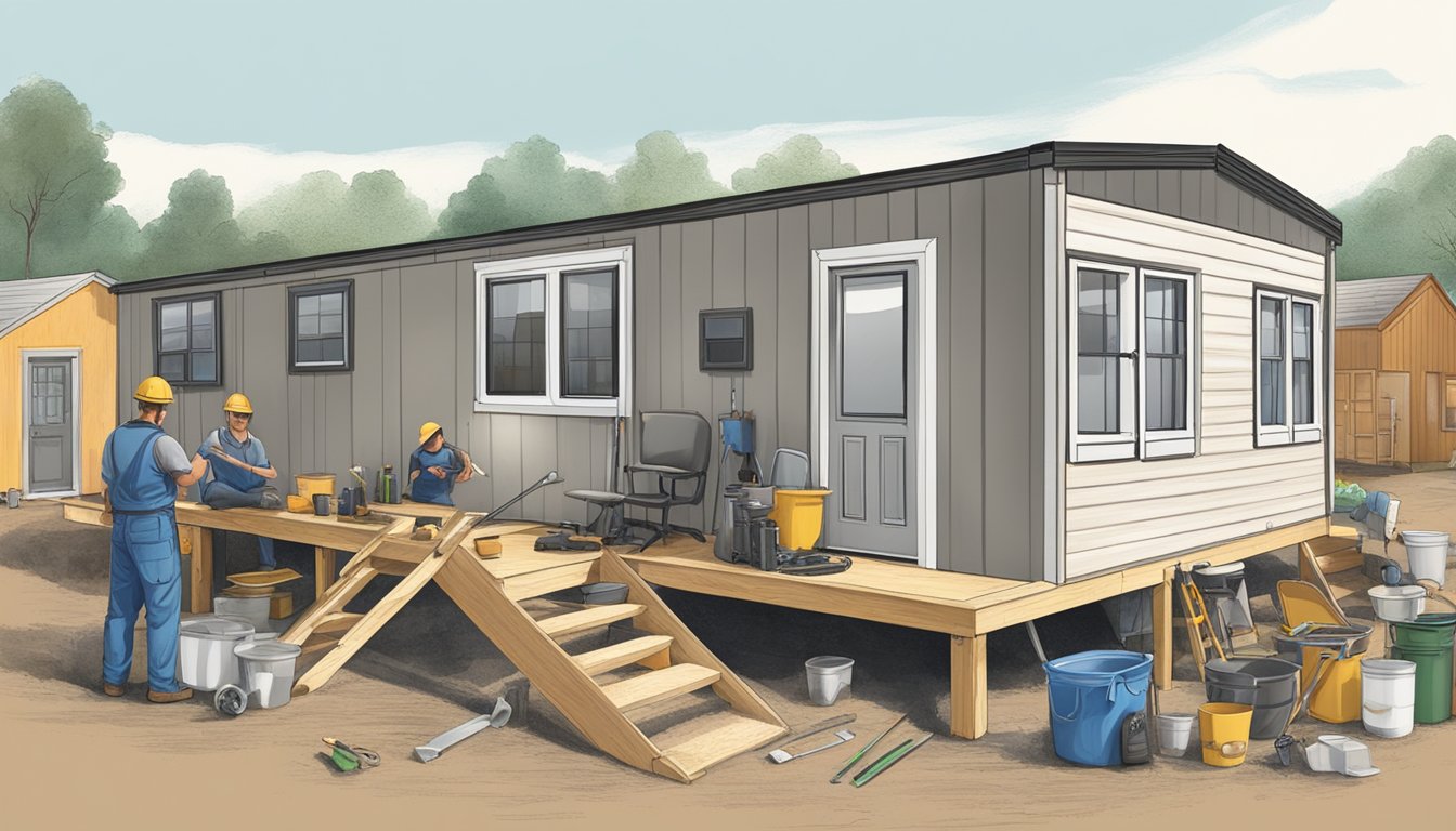 A double wide mobile home sits on a plot of land, surrounded by tools, building materials, and workers conducting an initial assessment for renovation