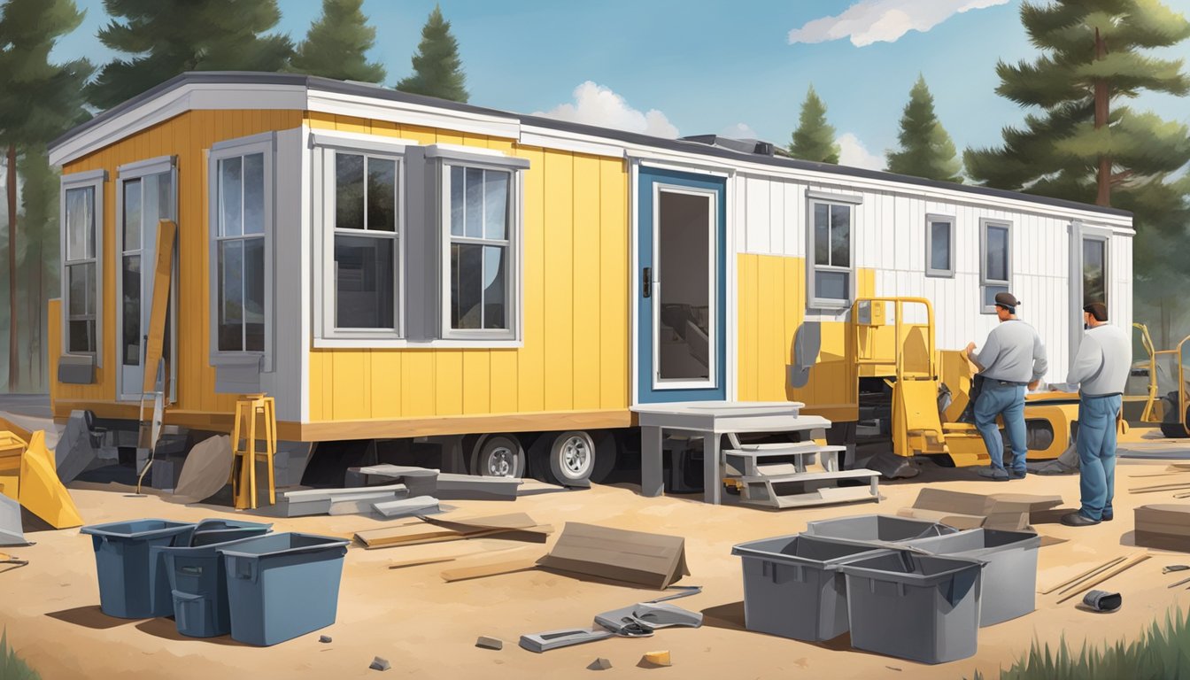 A double wide mobile home surrounded by construction equipment and materials, with workers renovating the exterior and interior