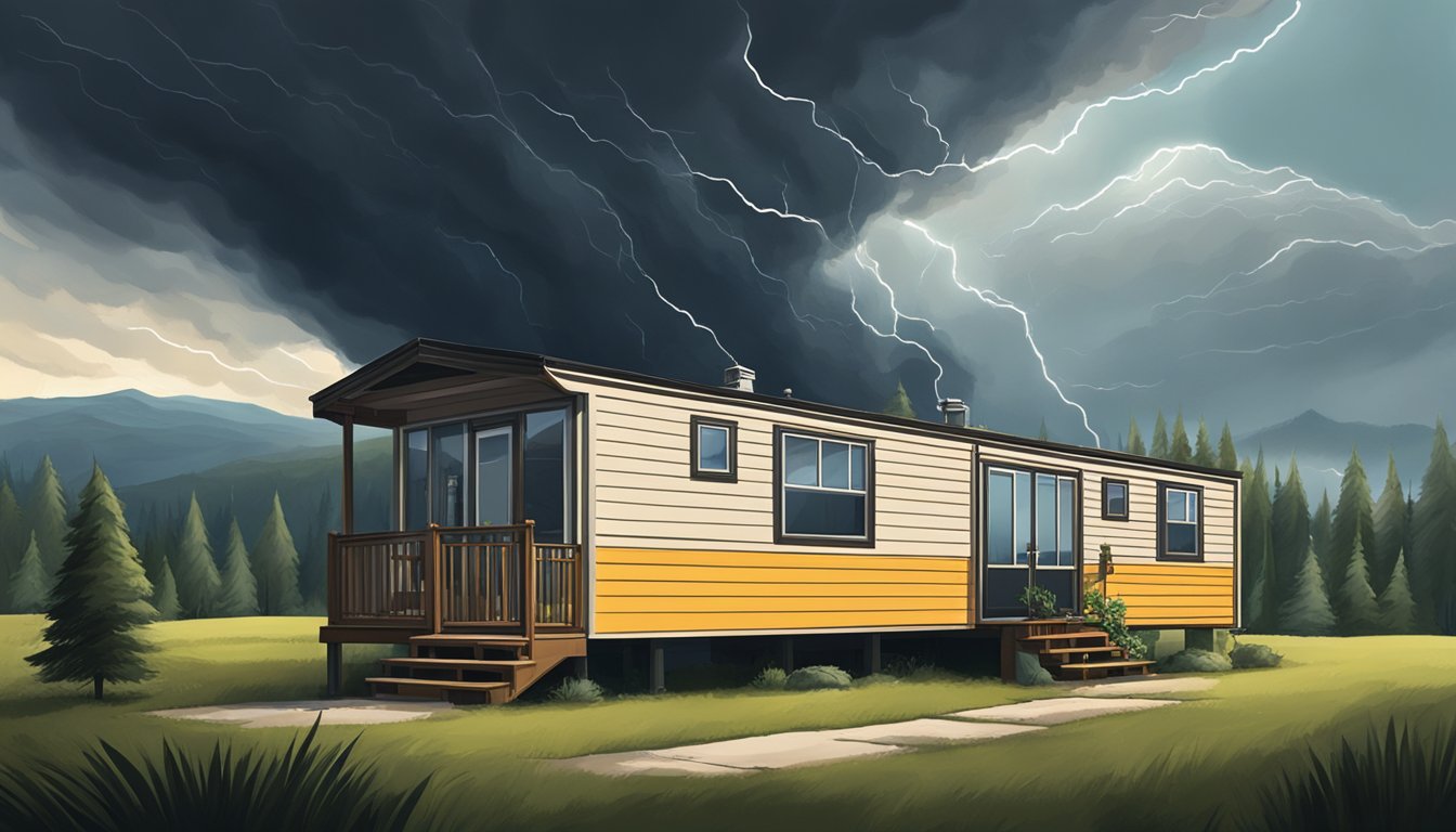 A double wide mobile home surrounded by trees and hills, with a storm looming in the distance