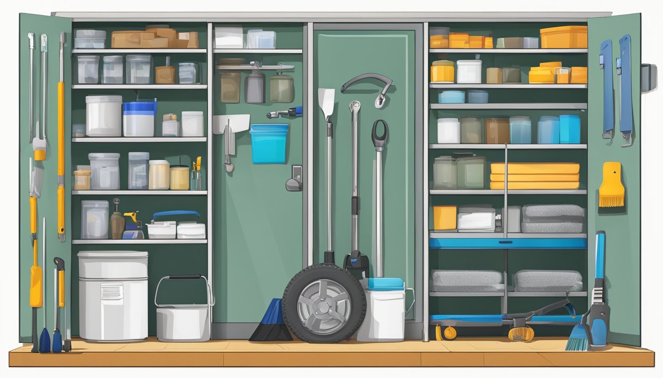 A double wide mobile home with maintenance tools and supplies organized neatly in a storage closet. A checklist of maintenance tasks is posted on the wall