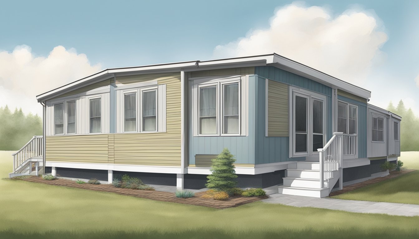 A double wide mobile home with gutters, downspouts, and proper grading to prevent water damage