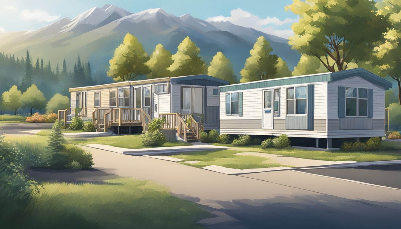 A mobile home park with double wides surrounded by trees, under a clear sky with mountains in the distance