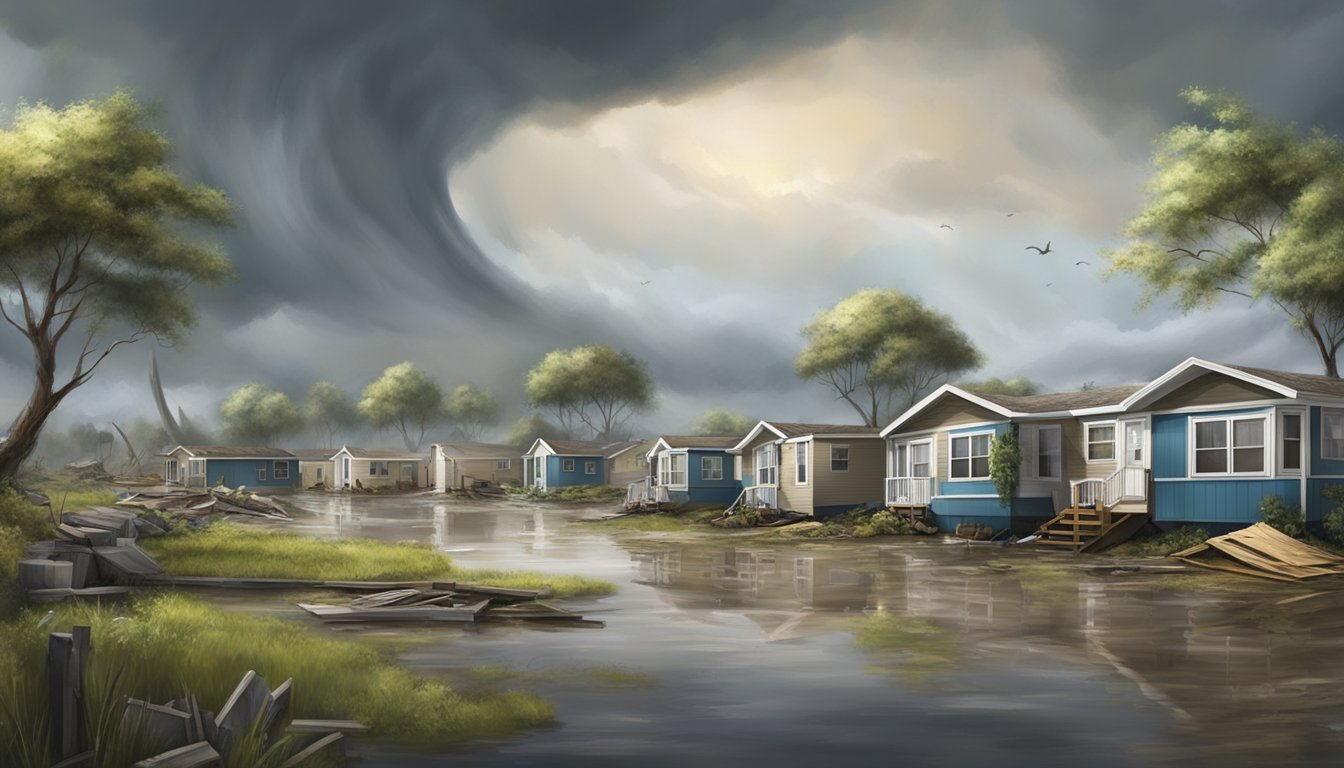 A mobile home community with double wides amidst a natural disaster, such as a tornado or flood, causing destruction and chaos