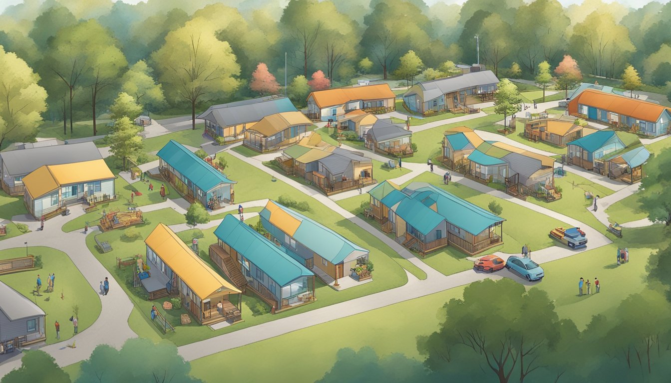 A double-wide community with neatly lined mobile homes surrounded by trees and a playground, with residents socializing outside