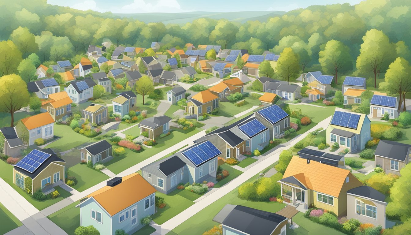 A double wide community with homes surrounded by green space, recycling bins, and solar panels. A mix of pros and cons