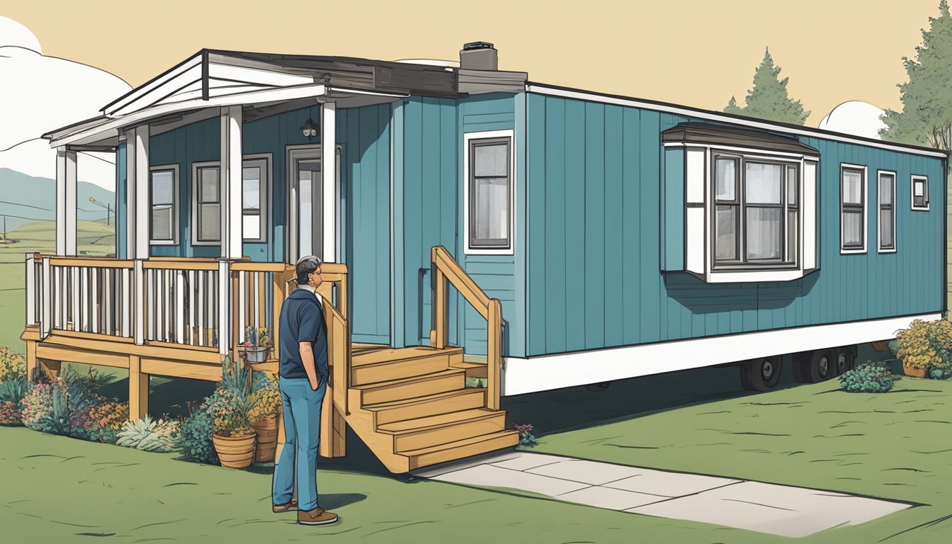 A double wide mobile home surrounded by a diverse range of insurance company logos, with a person standing in front comparing options