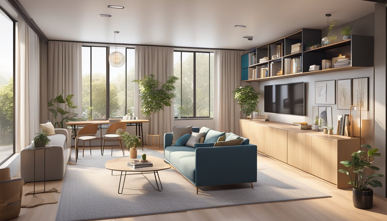 A spacious double-wide interior with smart furniture and storage solutions, featuring sleek shelving units, multifunctional seating, and stylish decor