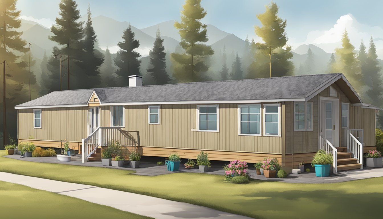 A double wide mobile home with various roofing materials and maintenance tools displayed alongside a cost-benefit analysis chart