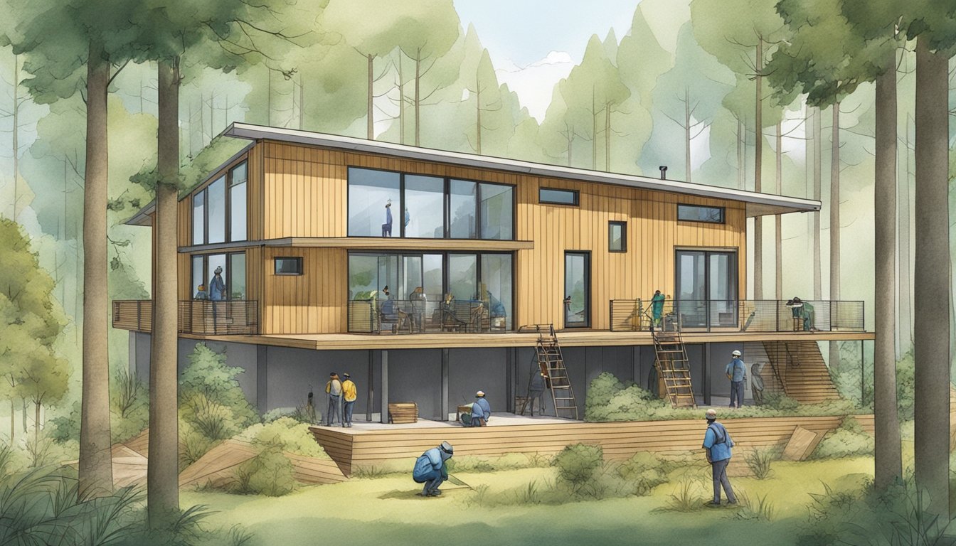 A double wide home being constructed with sustainable materials, surrounded by trees and wildlife, with workers using eco-friendly building techniques