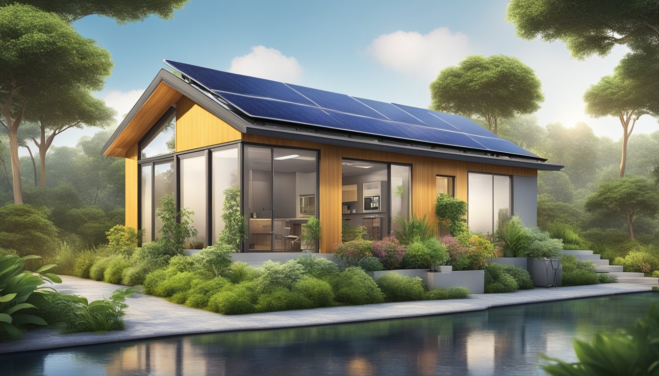 A double wide home surrounded by lush greenery, with solar panels on the roof and a rainwater collection system, showcasing its environmentally friendly features