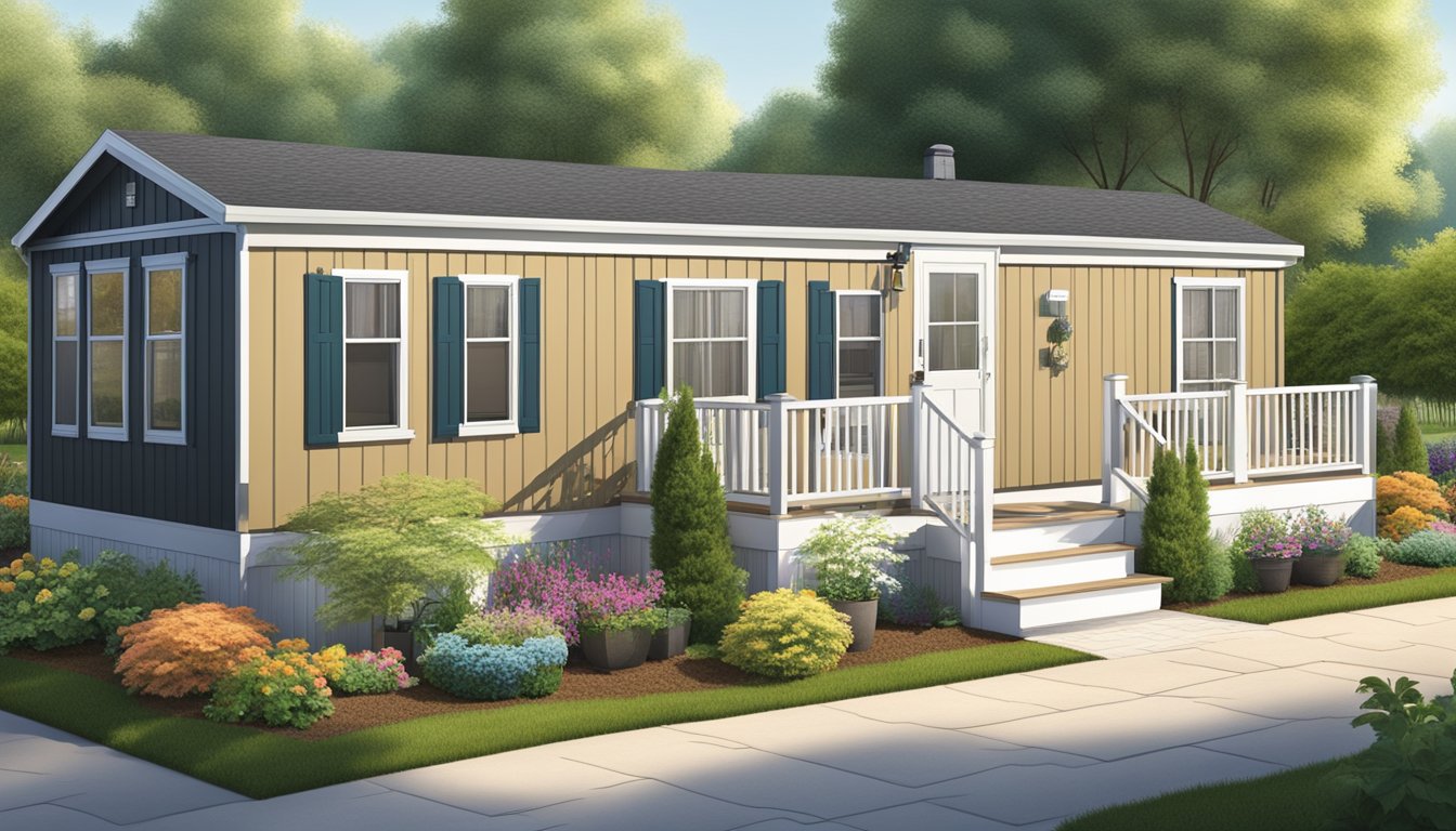 A double wide mobile home surrounded by neatly arranged garden beds, a paved pathway, and a small patio with outdoor furniture