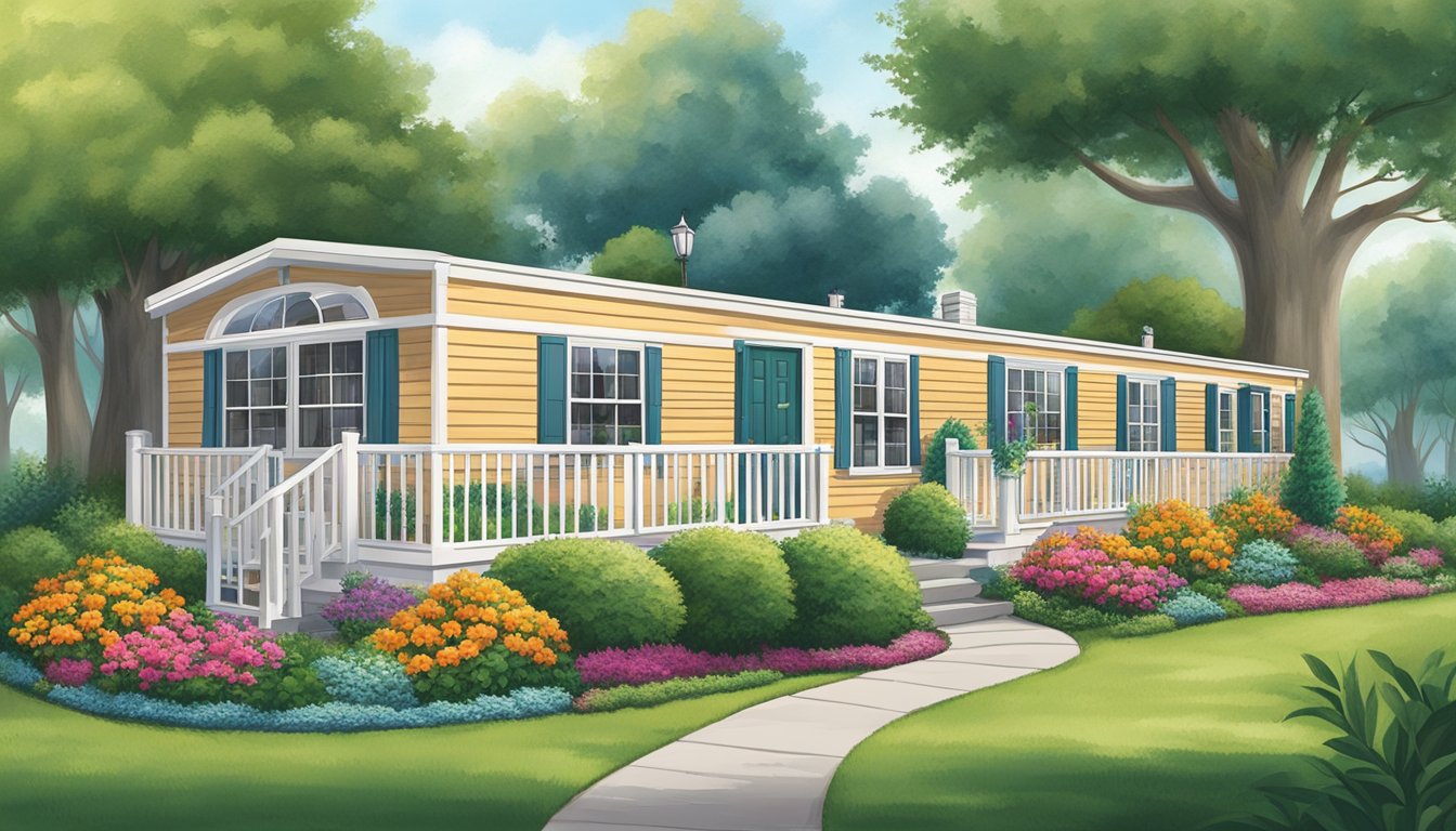 A double wide mobile home surrounded by well-maintained landscaping, including trimmed hedges, colorful flower beds, and neatly edged walkways