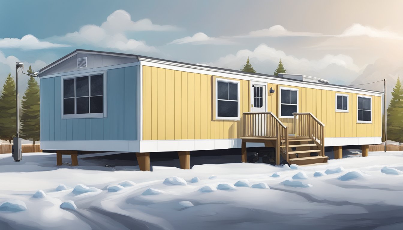 A double wide mobile home with insulated skirting, heat tape on exposed pipes, and a faucet cover to prevent pipe freeze and water damage