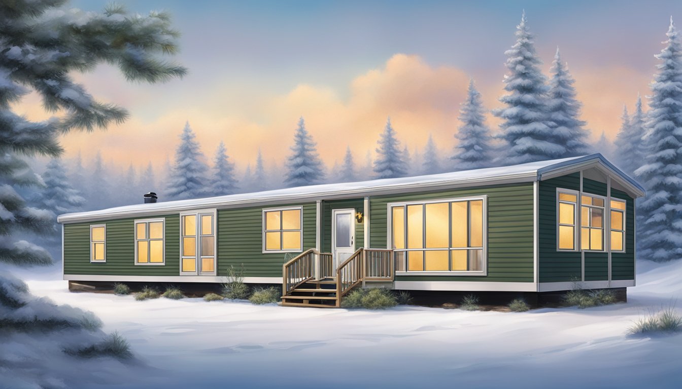 A double wide mobile home with added insulation, weather stripping, and energy-efficient windows and doors. A programmable thermostat and sealed ductwork complete the winterization process