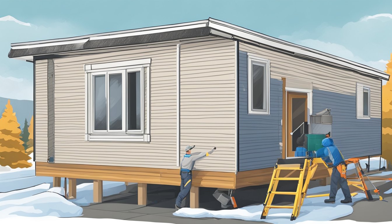 A maintenance worker insulating the exterior of a double wide mobile home with weatherproofing materials, while clearing gutters and inspecting the roof for potential winter damage