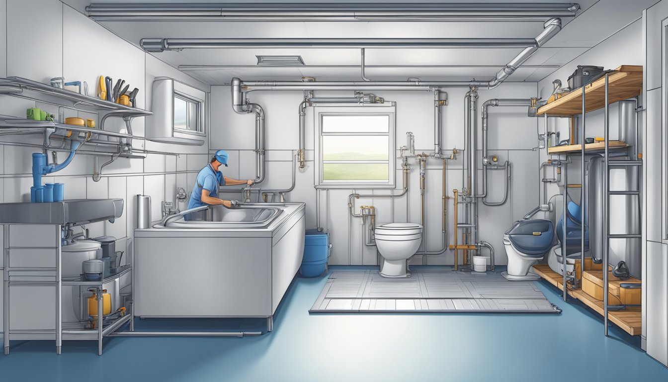 A plumber efficiently installing plumbing systems in a spacious double wide, ensuring comfort and functionality