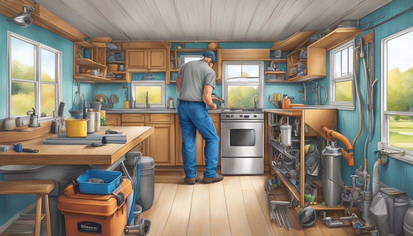 A double wide mobile home with a split view of DIY plumbing tools and a professional plumber at work