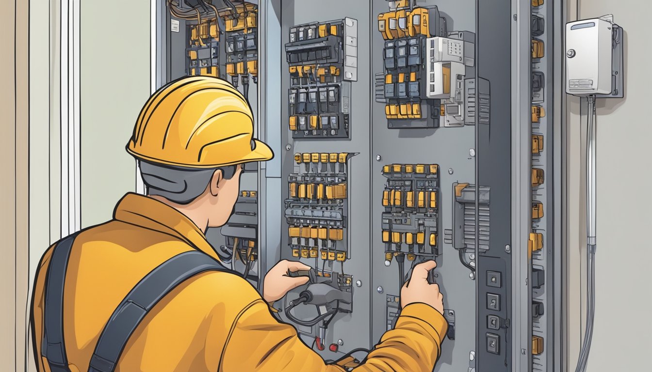 An electrician inspects the circuit breaker panel in a double wide home, checking for any signs of wear or damage