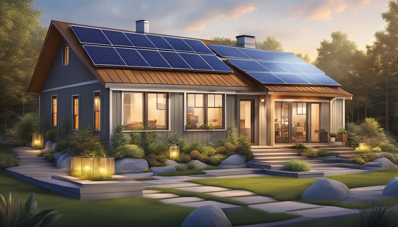 An illustration of a double wide home with energy-efficient electrical systems and management in place. Solar panels on the roof, smart thermostats, and LED lighting