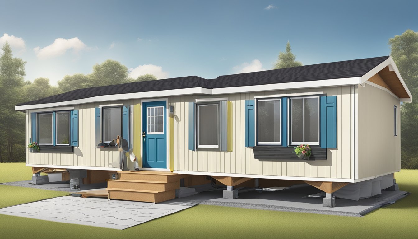 A double wide mobile home with new energy-efficient skirting being installed around the base. Insulation and ventilation materials are being placed underneath the home