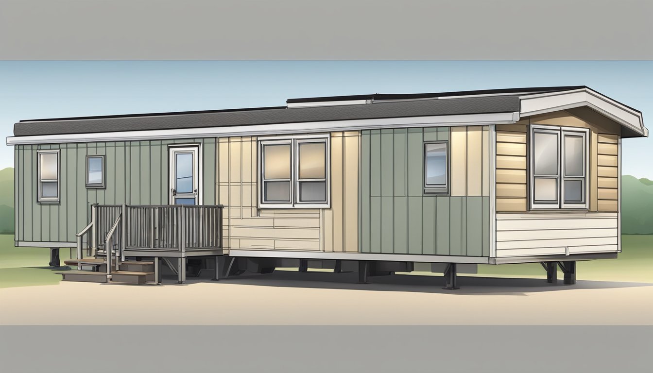 A double wide mobile home with a split heating and cooling system, showing both exterior and interior units, with proper ventilation and insulation