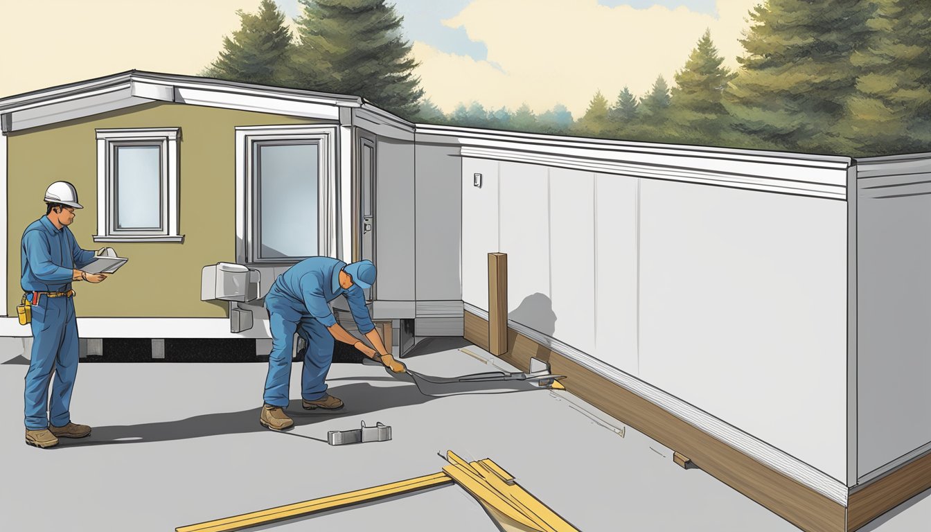 A worker installs double wide skirting around a mobile home, using materials like vinyl or metal, while a supervisor oversees the process