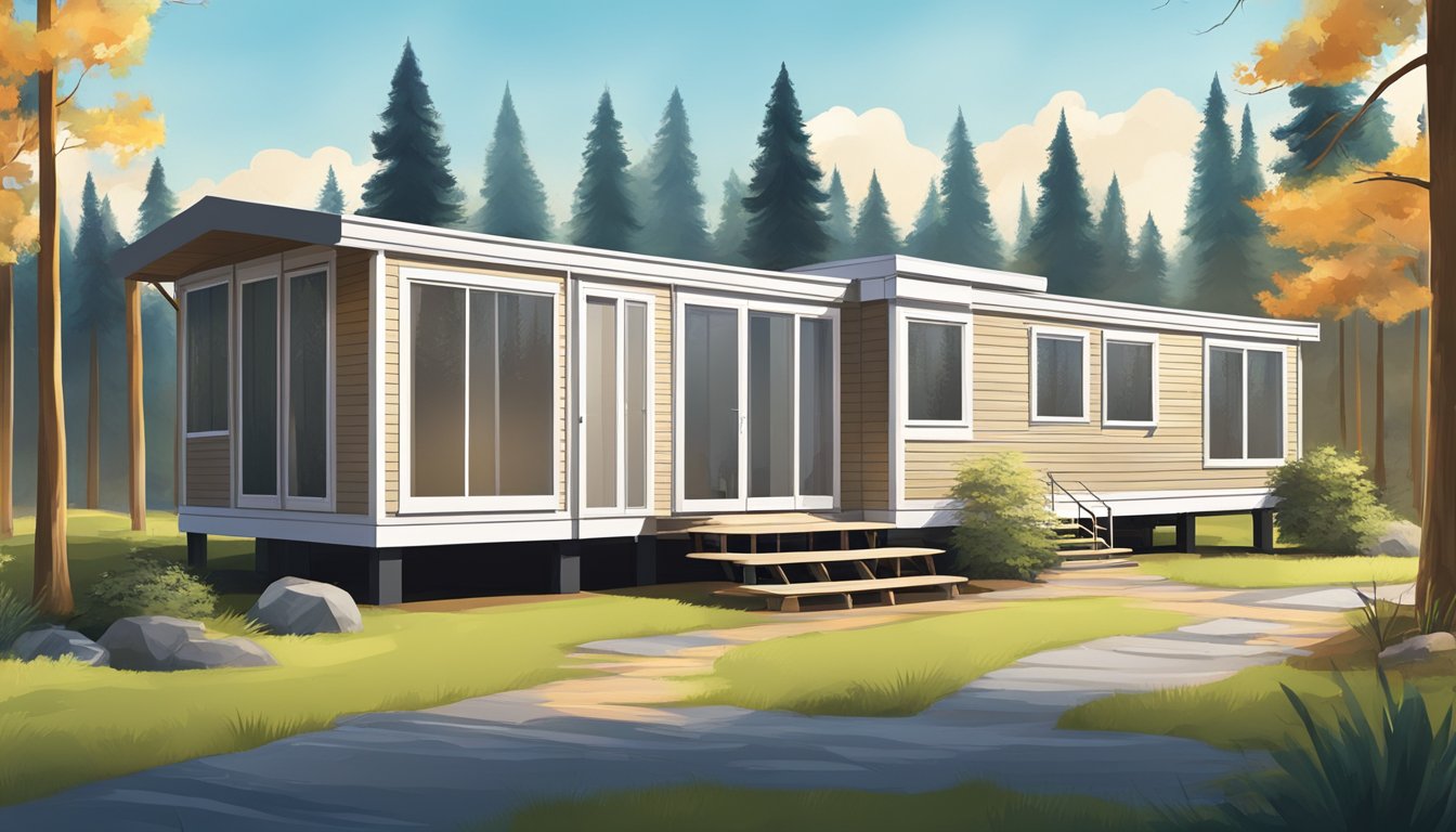 A double wide mobile home with cost-effective climate control solutions, featuring a heating and cooling system, surrounded by trees and a clear blue sky