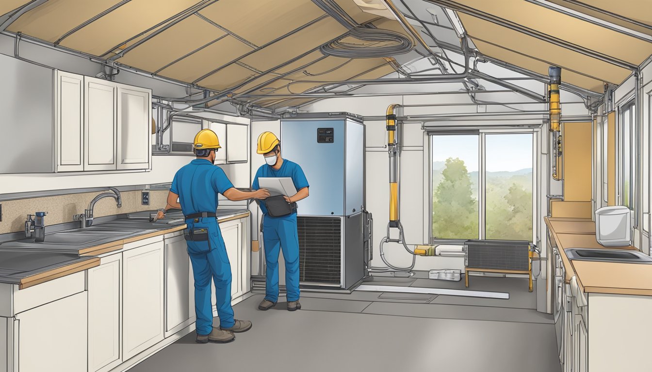 A technician installing a heating and cooling system in a double wide mobile home, ensuring it meets regulatory and safety standards