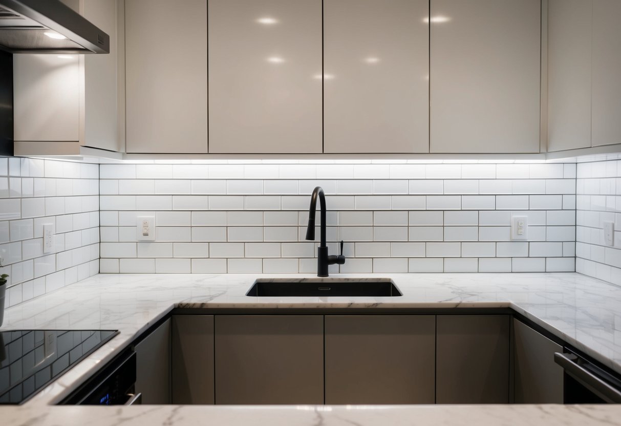 A modern kitchen with a sleek, white subway tile backsplash and under-cabinet lighting. Stainless steel appliances and a marble countertop complete the contemporary look