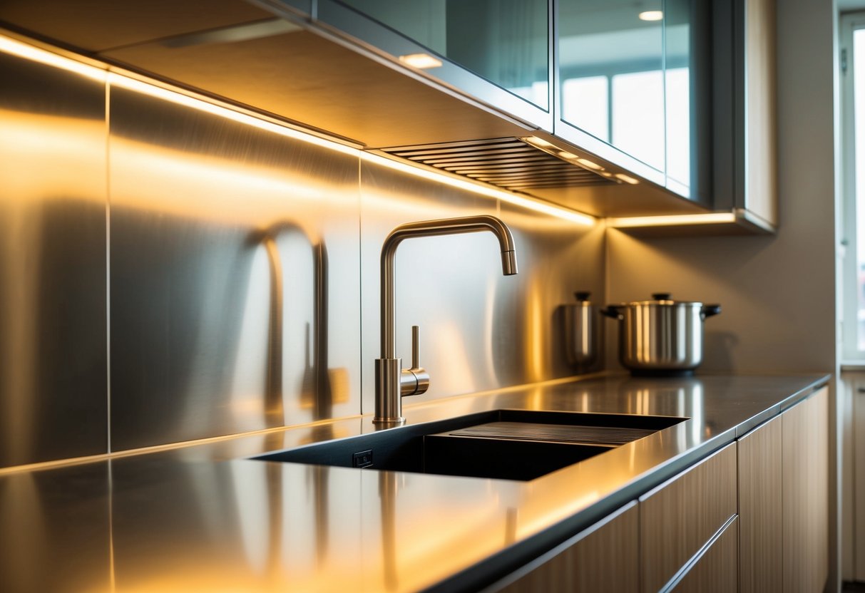 A modern kitchen with stainless steel sheets as a backsplash, reflecting the warm glow of under-cabinet lighting