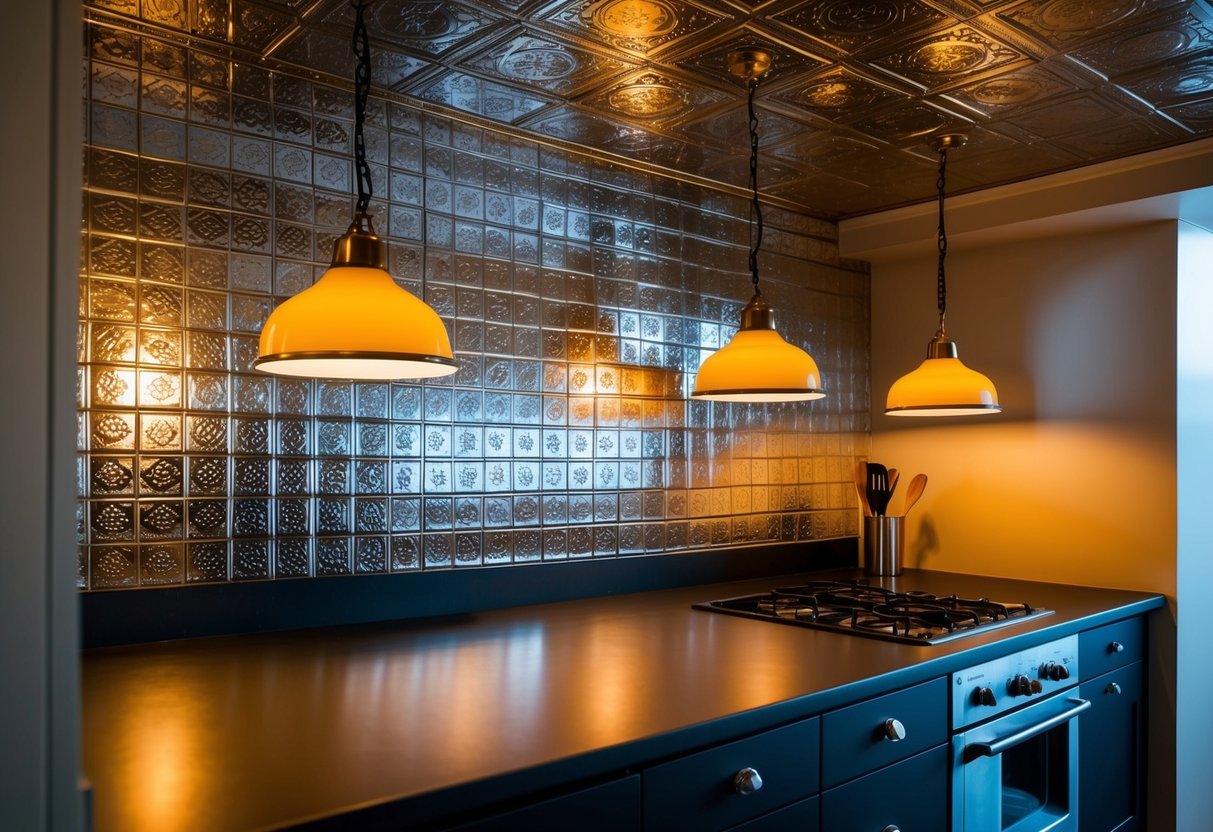 A kitchen with vintage tin ceiling tiles as a backsplash, reflecting warm light from hanging pendant lamps