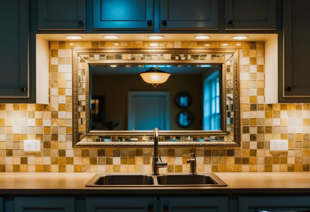 A kitchen backsplash adorned with antique mirrors reflecting warm natural light and adding a touch of vintage elegance to the space