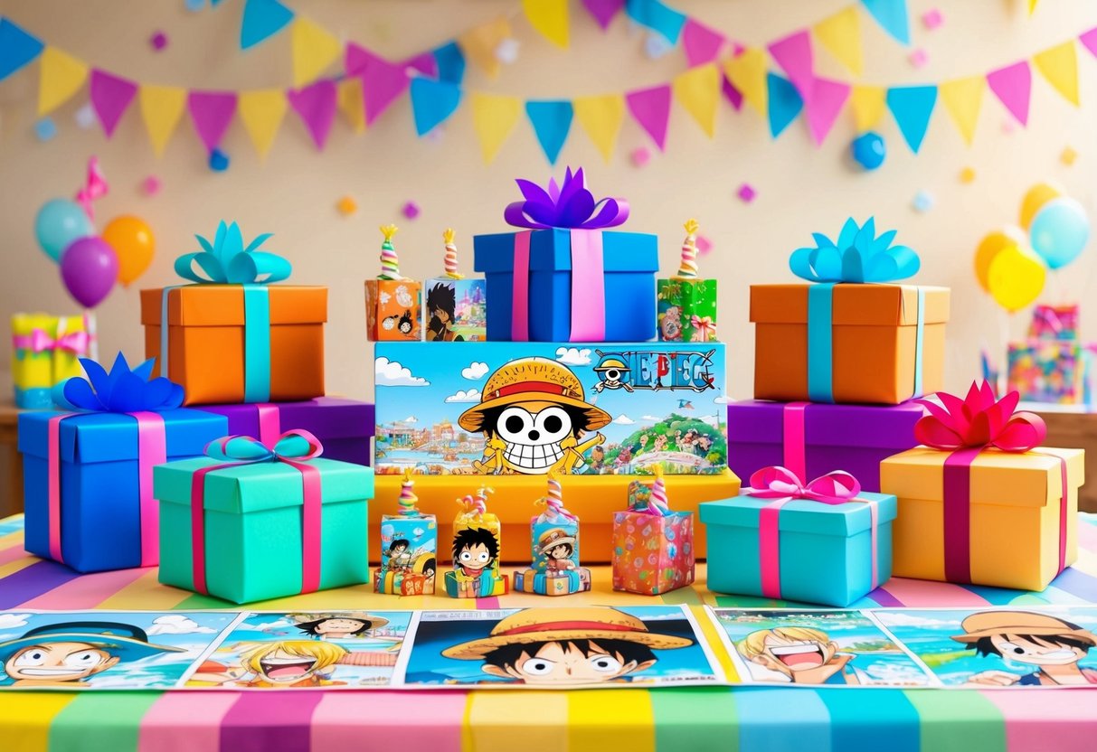 Un groupe de cadeaux d'anniversaire sur le thème de One Piece disposés sur une table avec du papier cadeau coloré et des décorations de fête.