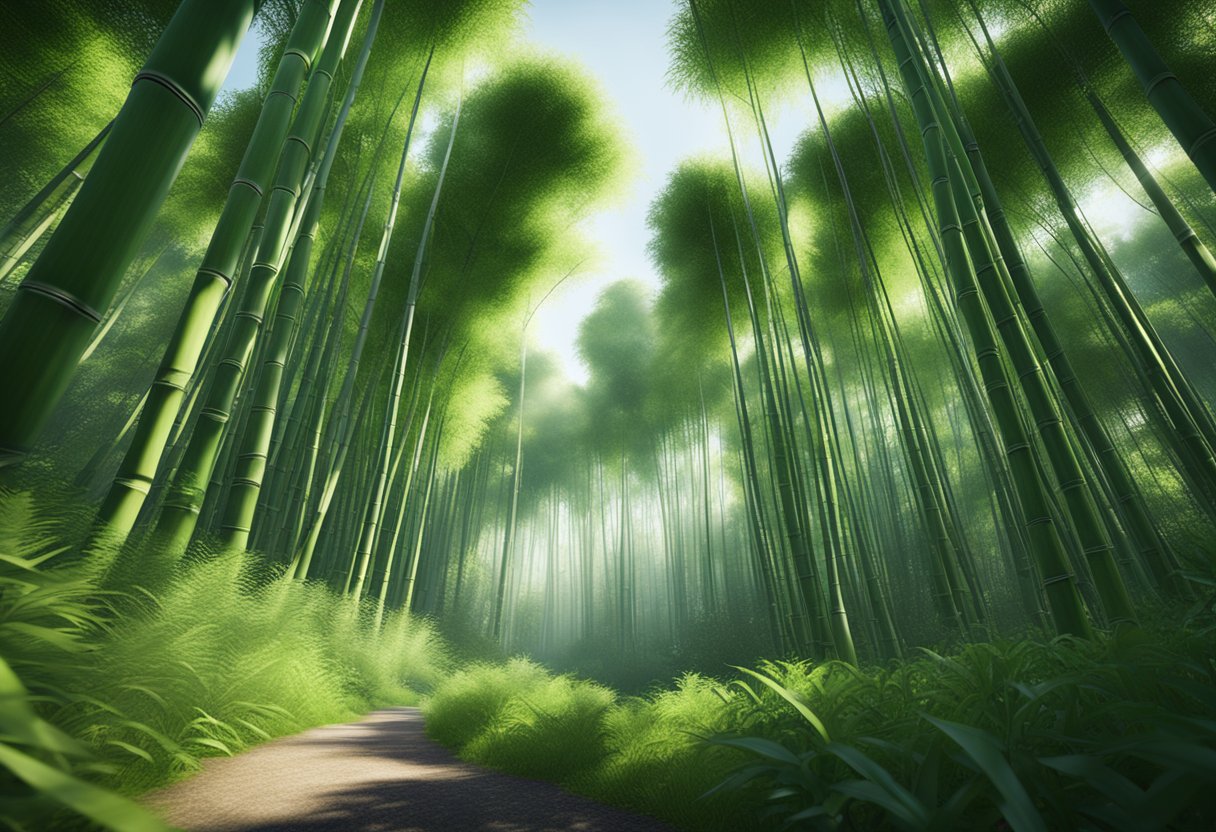 A lush bamboo forest with tall, slender stalks reaching towards the sky, surrounded by vibrant green foliage and dappled sunlight filtering through the canopy