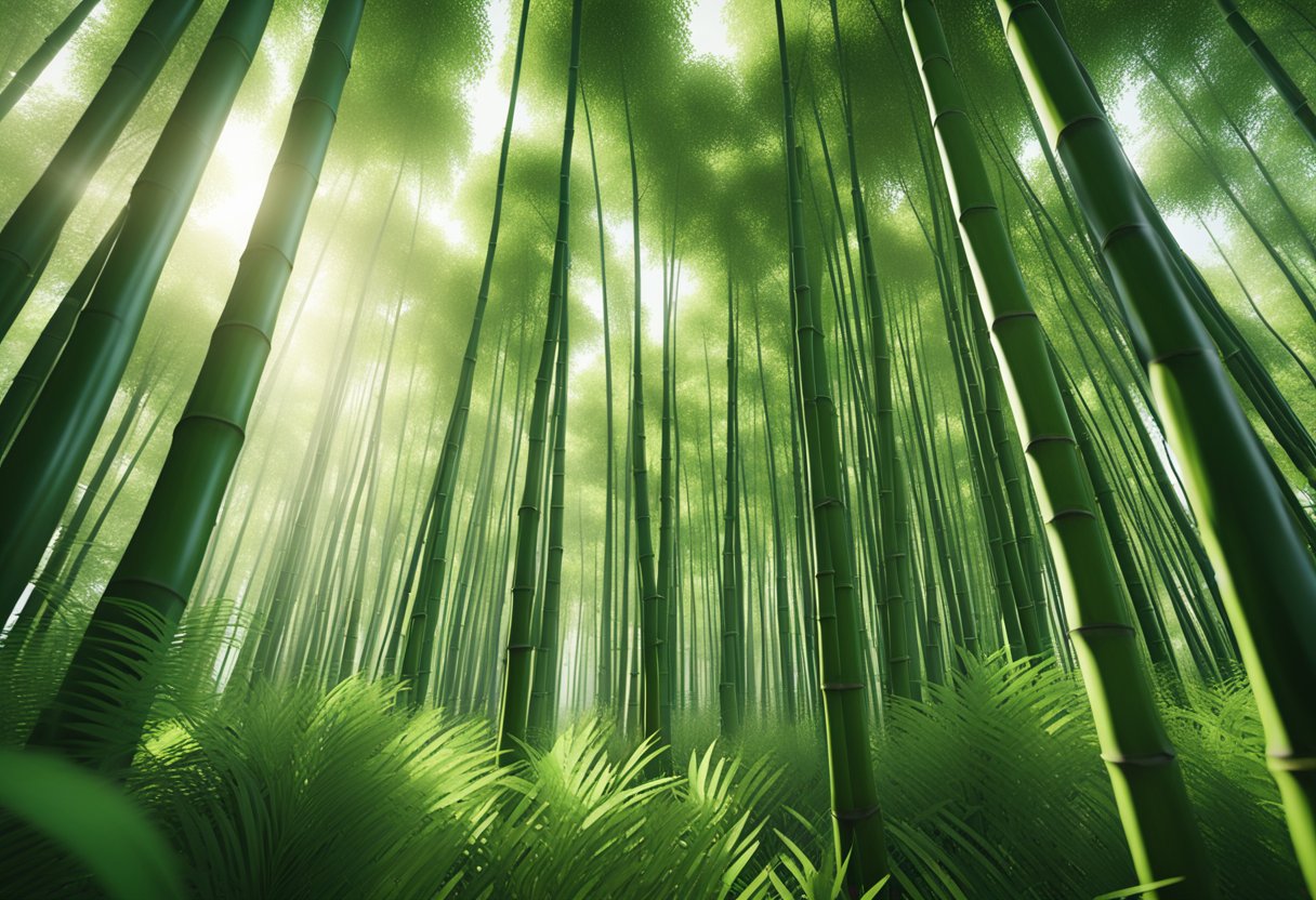 A lush bamboo forest with tall, slender stalks reaching towards the sky, symbolizing strength and sustainability