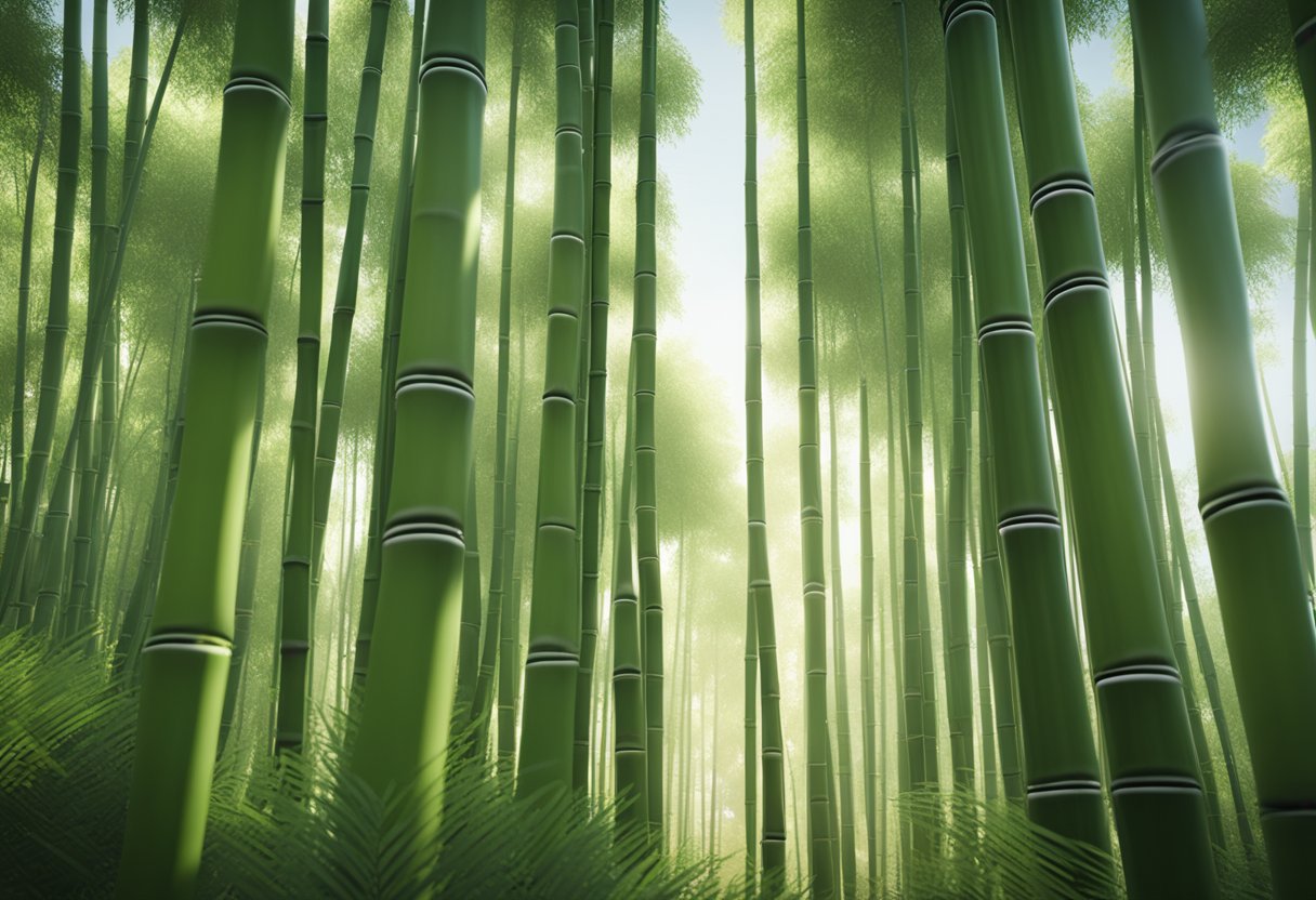 Lush bamboo forest with tall, slender stalks reaching towards the sky. A figure gently cuts mature bamboo with a sharp tool