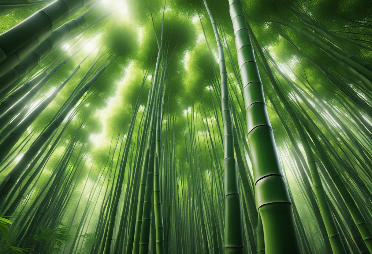 A dense bamboo forest with towering stalks and lush green leaves, showcasing the versatility and sustainability of bamboo