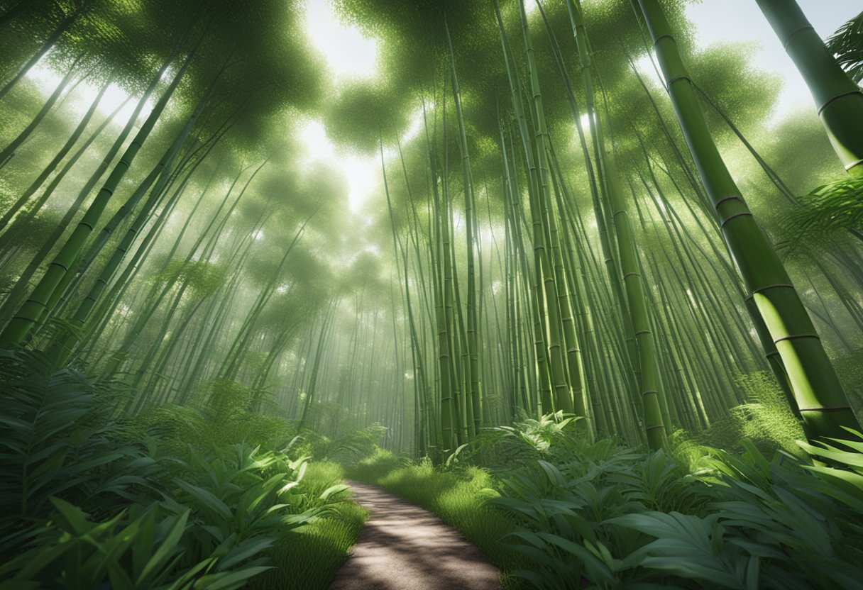 A lush bamboo forest with a diverse ecosystem, showcasing the plant's versatility and sustainability. The scene includes bamboo shoots, leaves, and a variety of wildlife