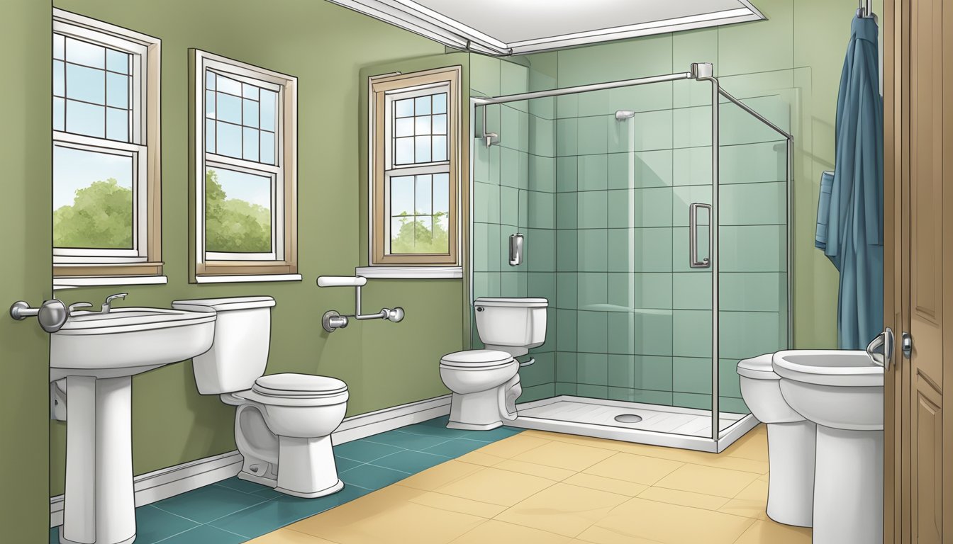 A bathroom with grab bars, non-slip flooring, raised toilet seat, and accessible shower for elder care