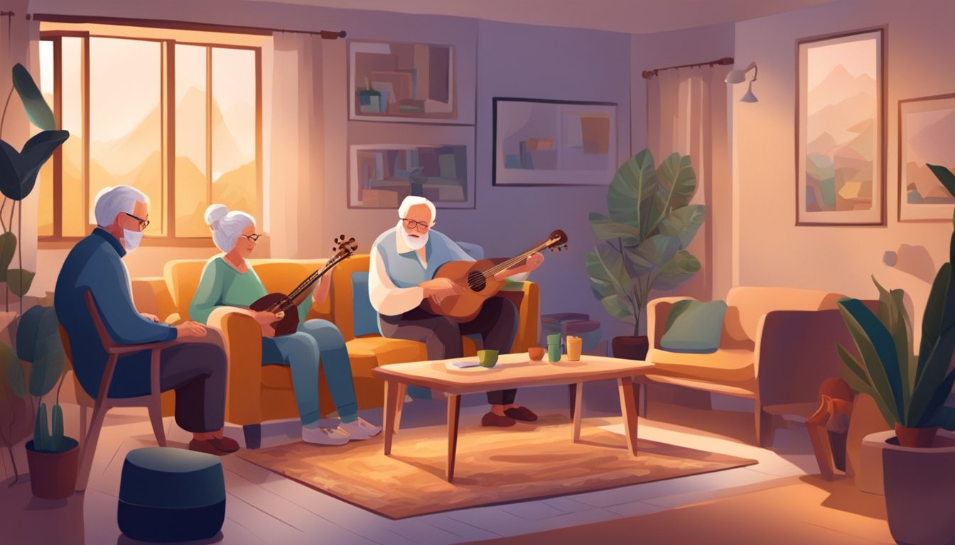 A cozy living room with soft lighting and comfortable seating, where an elderly person is surrounded by musical instruments and a therapist leads a music therapy session