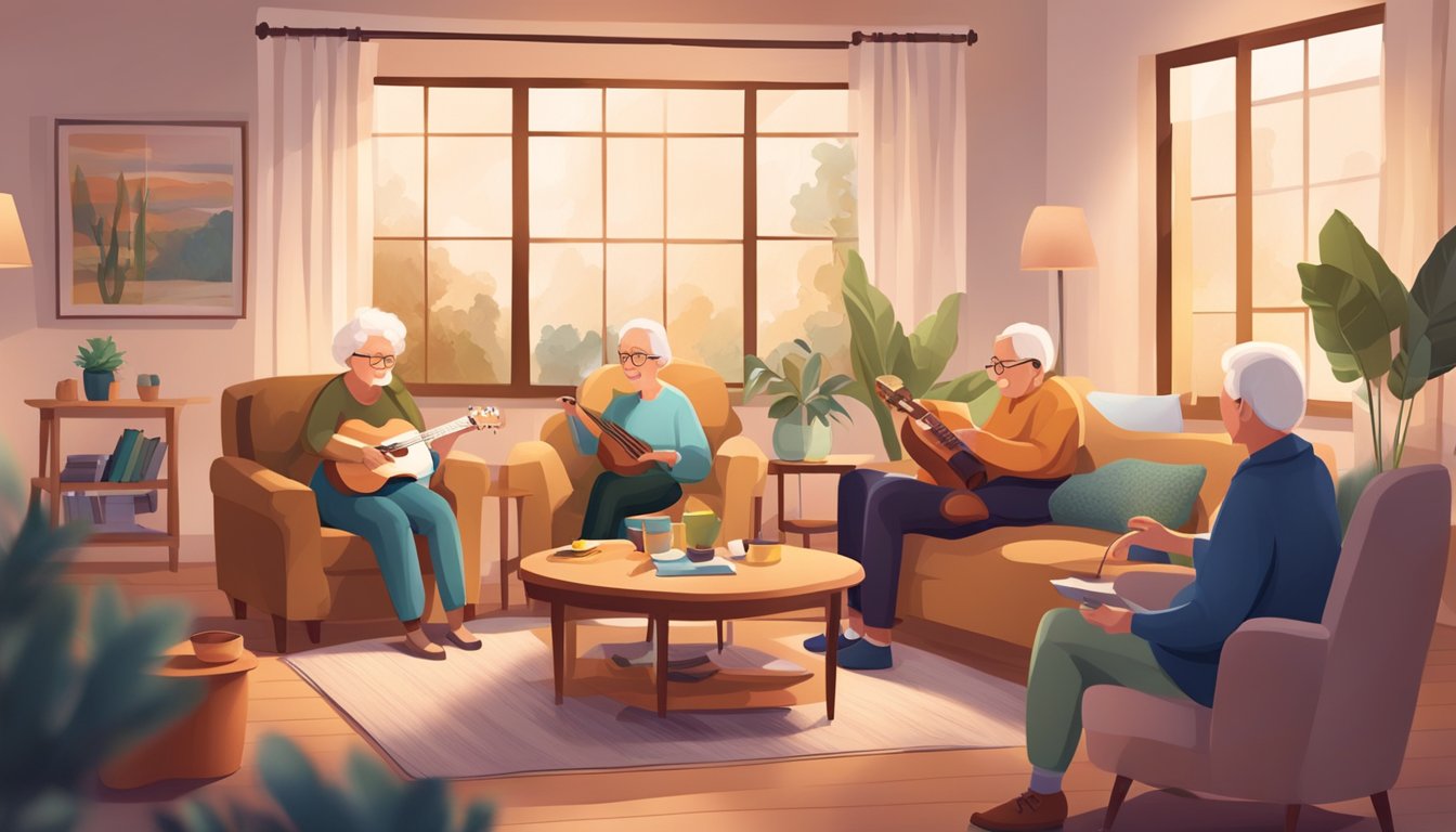 A cozy living room with soft lighting, comfortable furniture, and a small group of elderly individuals engaged in music therapy activities led by a music therapist