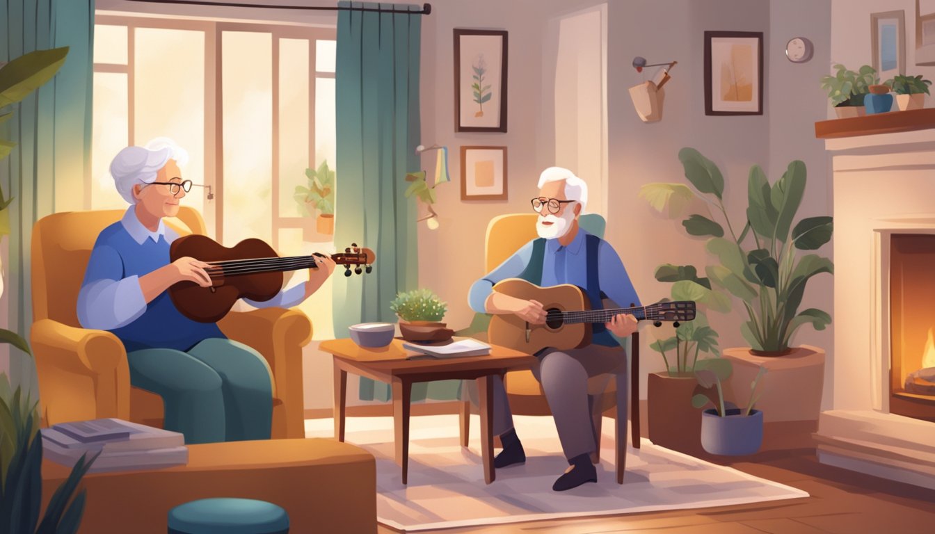 A music therapist sits with an elderly person in a cozy home setting, playing instruments and engaging in therapeutic activities