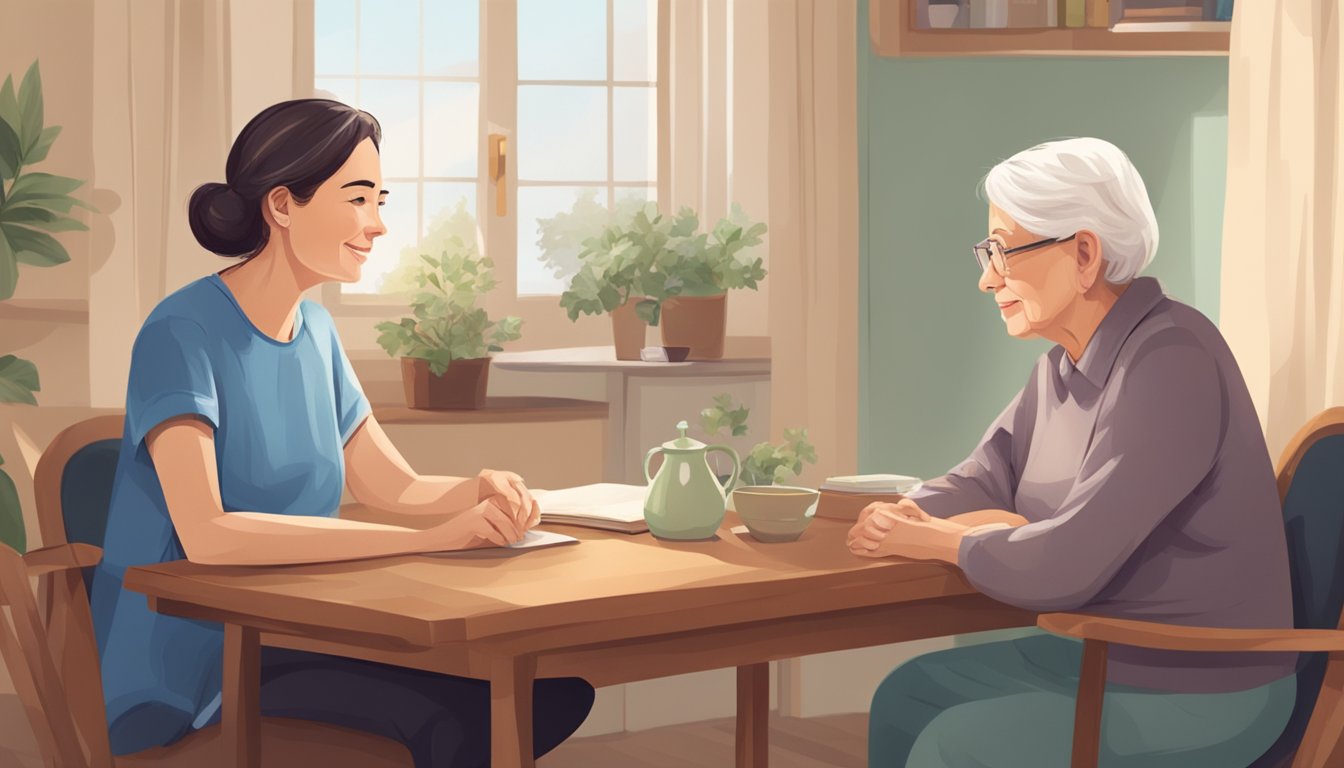 A caregiver sitting at a table, speaking kindly to an elderly person. A warm, compassionate atmosphere with a focus on attentive listening