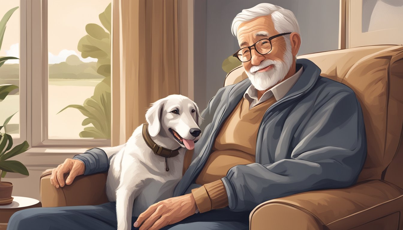 A serene elderly person sits in a cozy chair, smiling as a gentle dog rests its head on their lap. A sense of calm and comfort fills the room